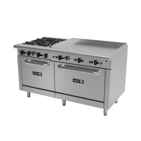 Estufa Multiple Industrial 4 Quemadores, Plancha y 2 Hornos AEMR-2-G36-B4-60-H ASBER