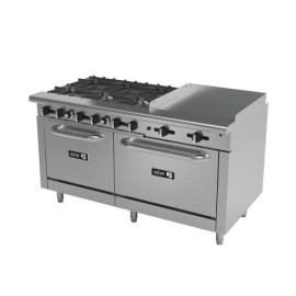 Estufa Multiple Industrial 6 Quemadores, Plancha, Respaldo Con Repisa y 2 Horno AEMR-2-G24-B6-60-H ASBER